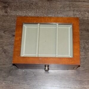 Pottery Barn Jewelry Box Wood Glass Top Organizer Brown Good Ring Drawer Storage